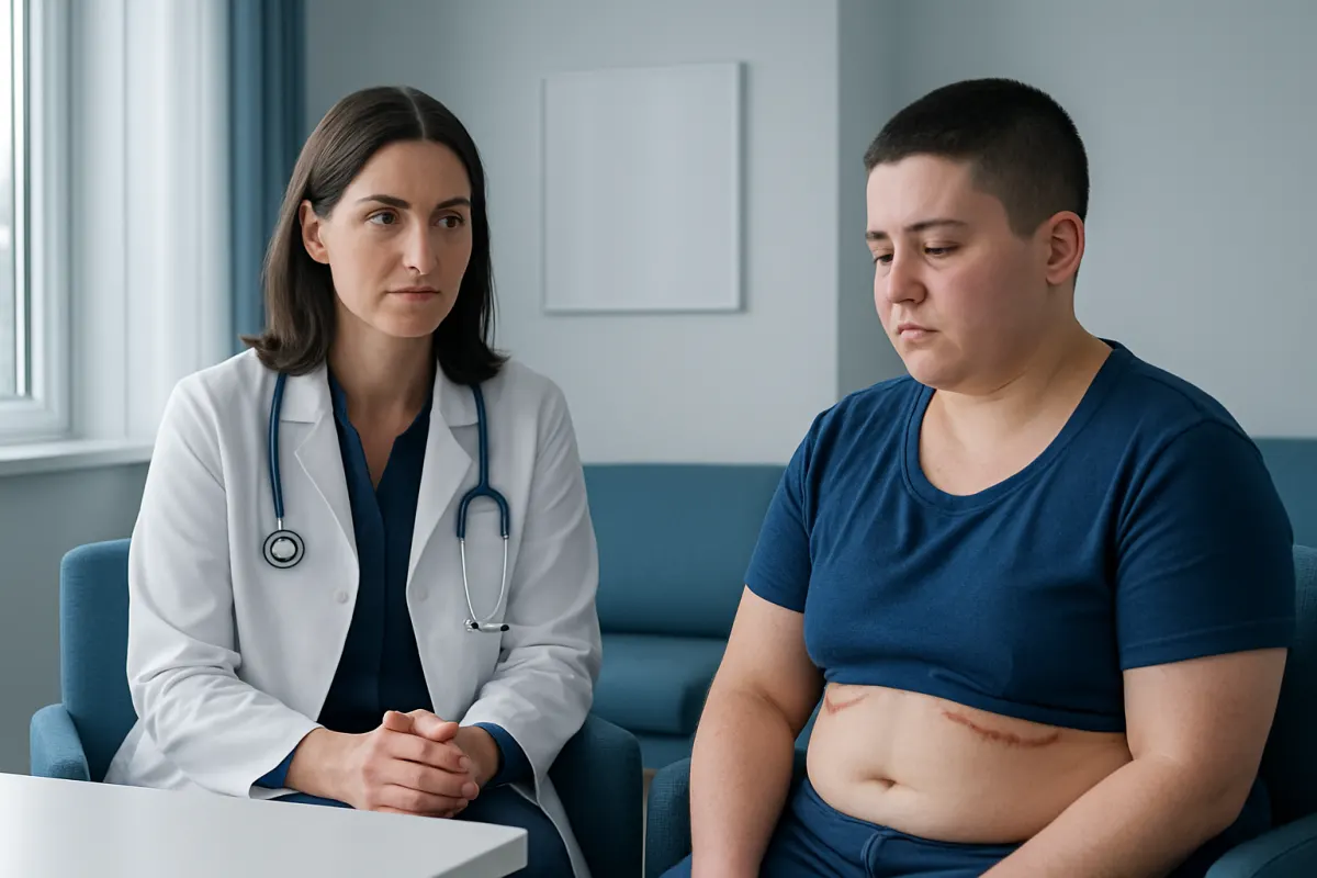 Doctor consulting with patient about post-surgery care in a clinic setting.