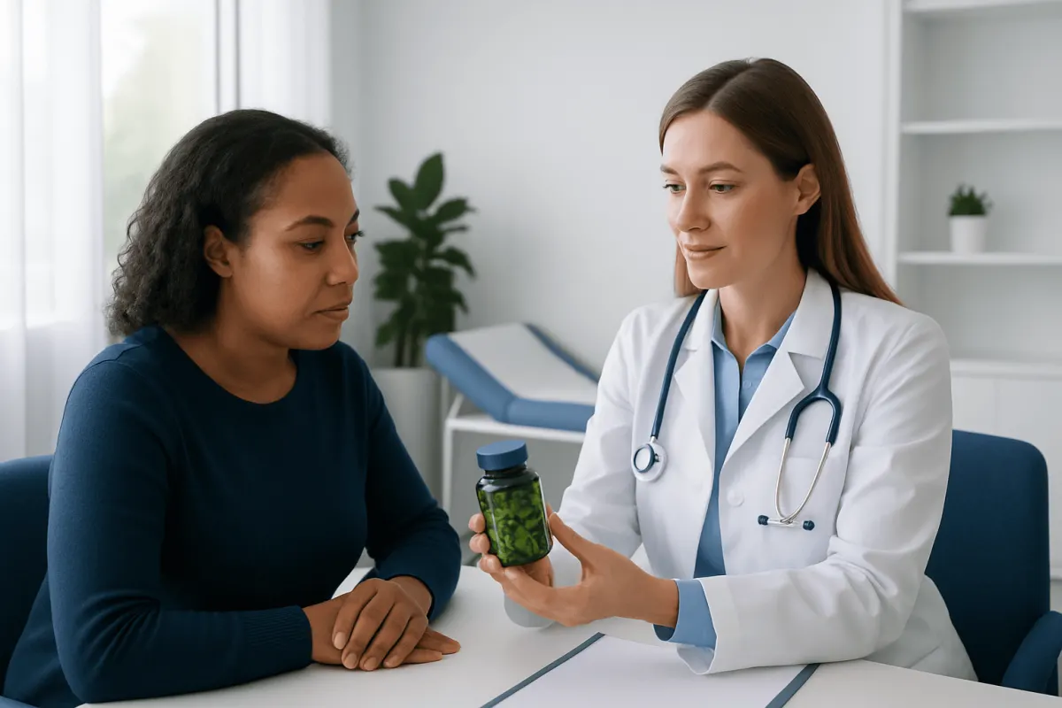Doctor explaining herbal supplement benefits to patient in clinic.