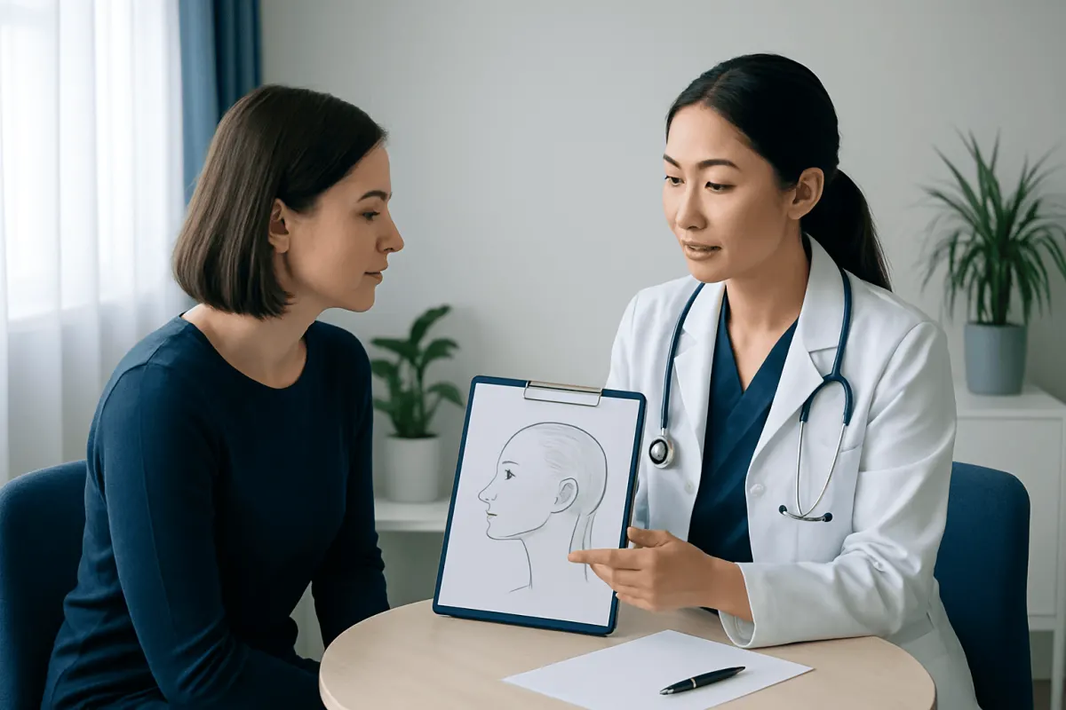 Doctor explaining facial treatment options to a patient in a clinic setting.