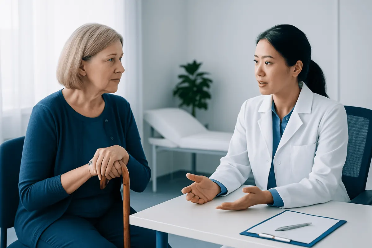 Doctor consulting with an elderly woman in a medical office.