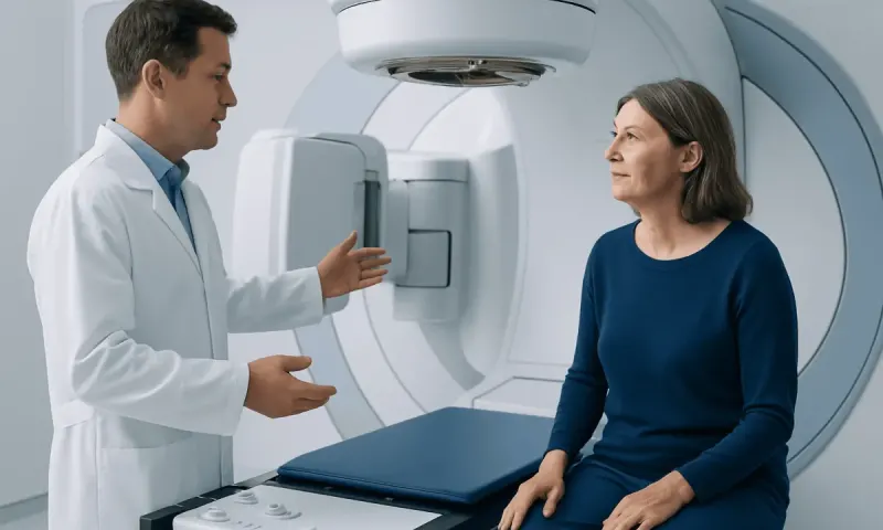Medical professional explaining MRI procedure to a patient in a hospital.