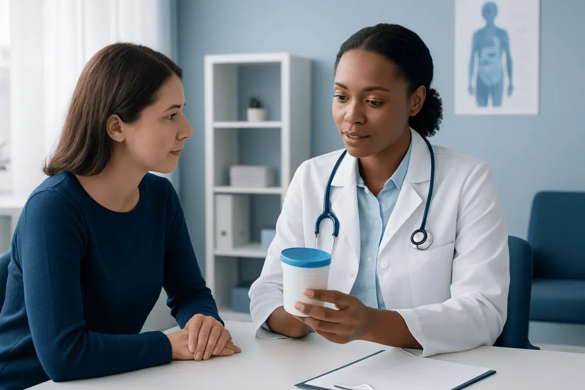 Doctor consulting with a young patient about health in a medical office.