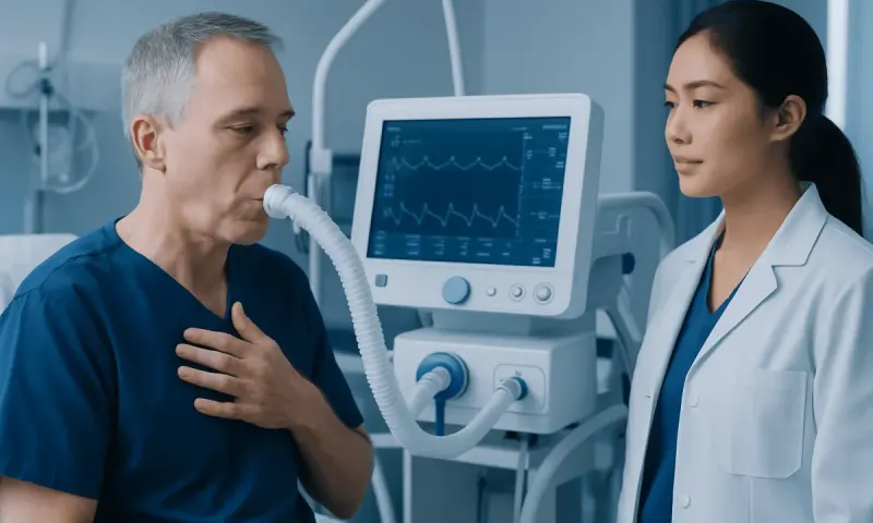 Patient undergoing respiratory test with medical staff at hospital.