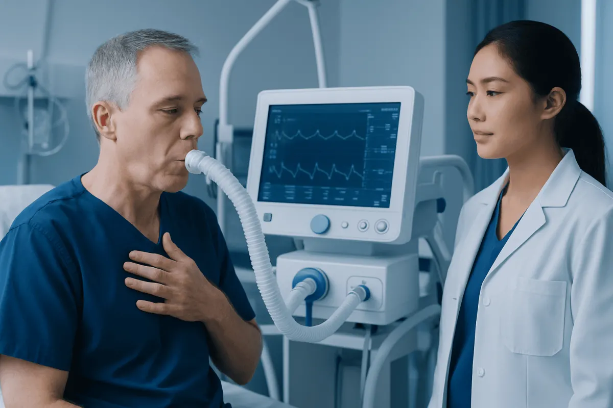 Patient undergoing respiratory test with medical staff at hospital.