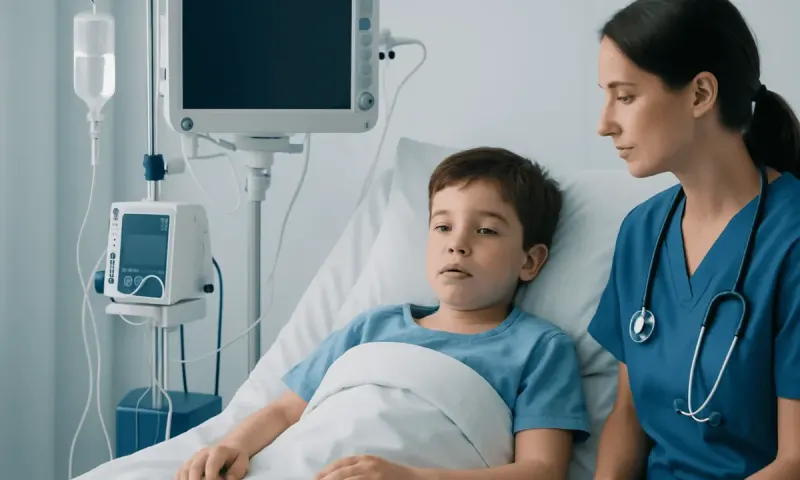 Child in hospital bed with medical staff and monitoring equipment.