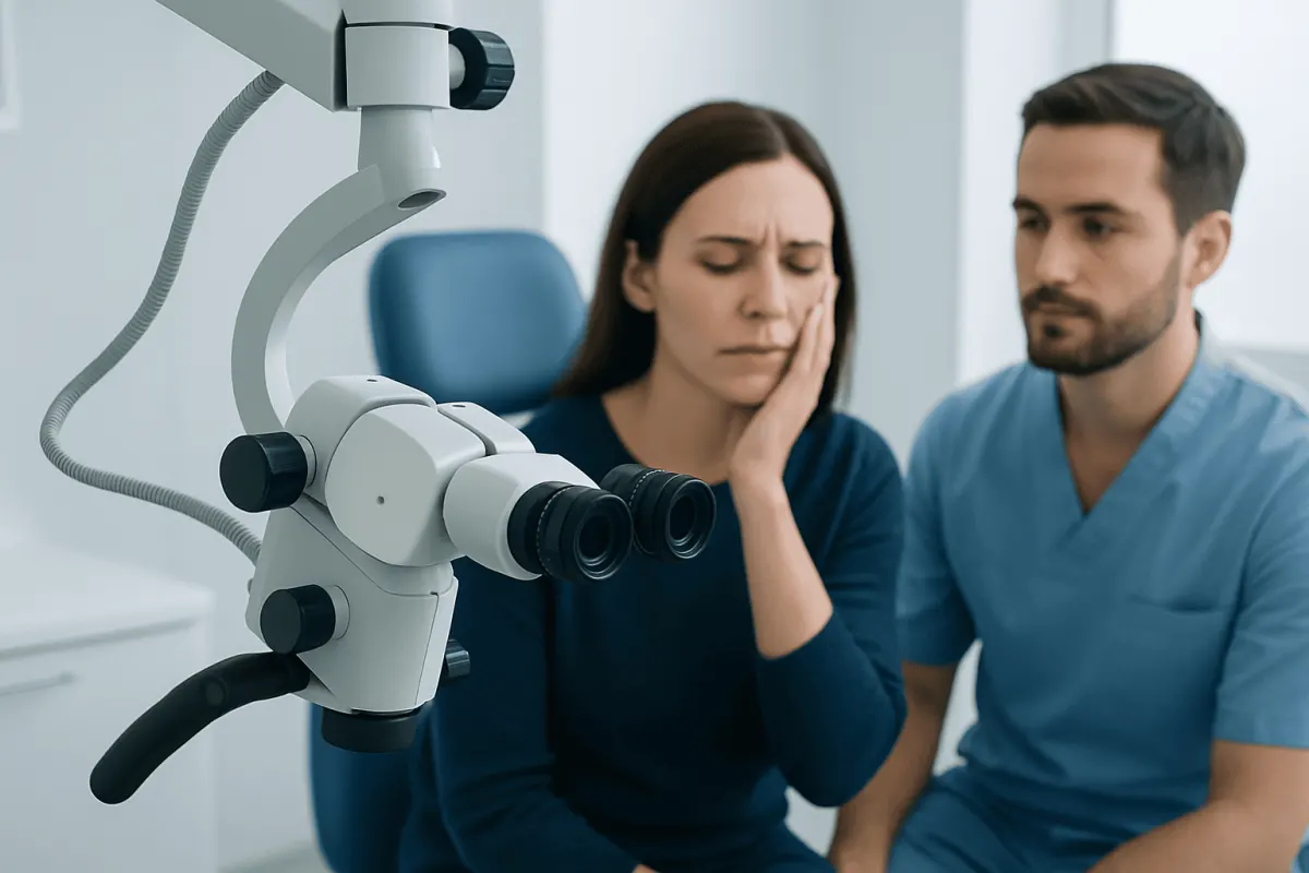 Patient experiencing sinus toothache during dental examination at Acibadem Hospital.