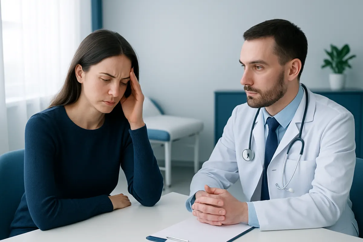 Doctor consulting with a woman experiencing headache in a medical office.