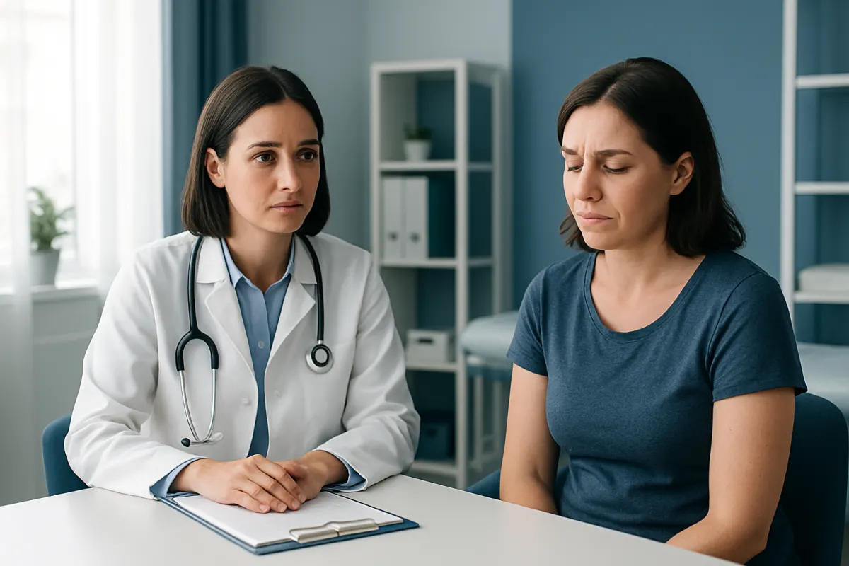Doctor consulting a patient about side effects in a clinical setting.
