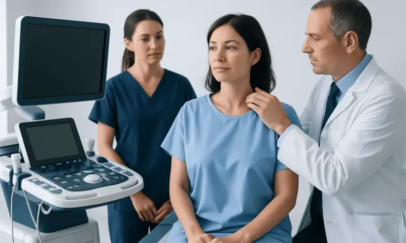 Doctor examines a woman with medical equipment in a clinical setting.