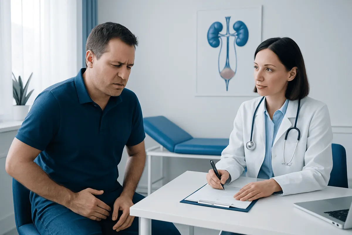 Doctor consulting with male patient about urethral pain in clinic setting.