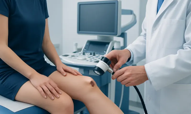 Doctor examining patient's leg with ultrasound device in clinic setting.