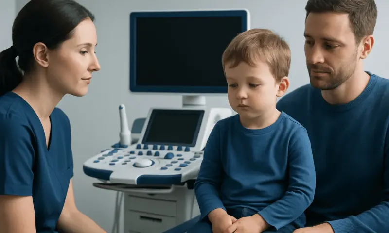 Pediatric consultation with a healthcare professional and a young boy in a medical office.