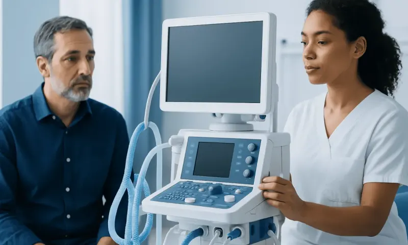 Medical professional explains ultrasound to patient in clinic setting.