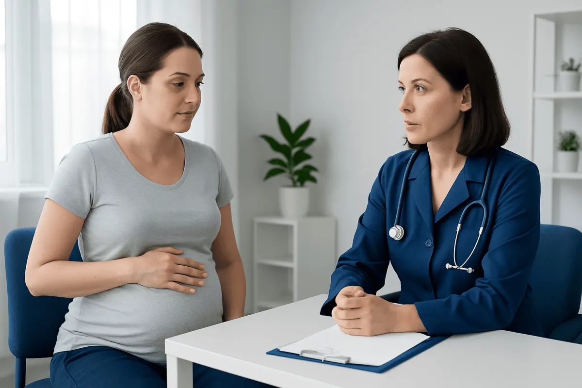 Pregnant woman consulting with doctor in a clinical setting.