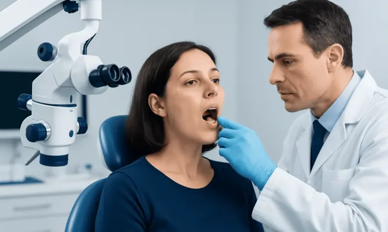 Doctor examining patient's mouth with dental microscope in clinic.