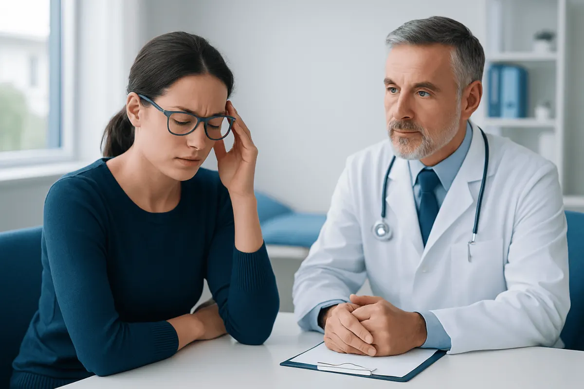 Woman experiencing headache consulting a doctor in a medical office.