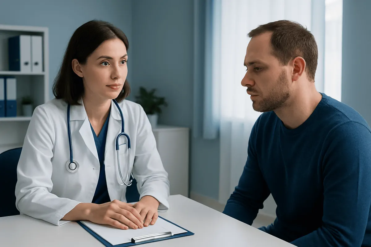 Doctor consulting with a male patient in a medical office setting.