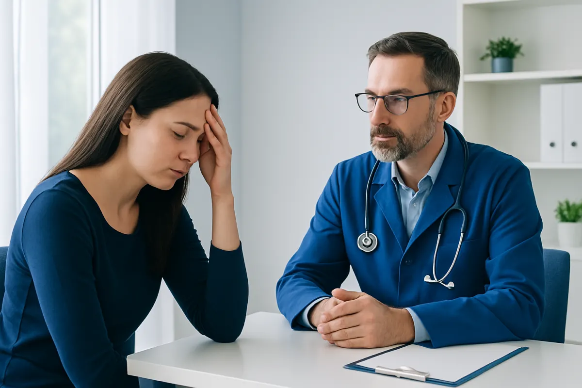 Doctor consulting with a woman experiencing headache symptoms in a clinic.