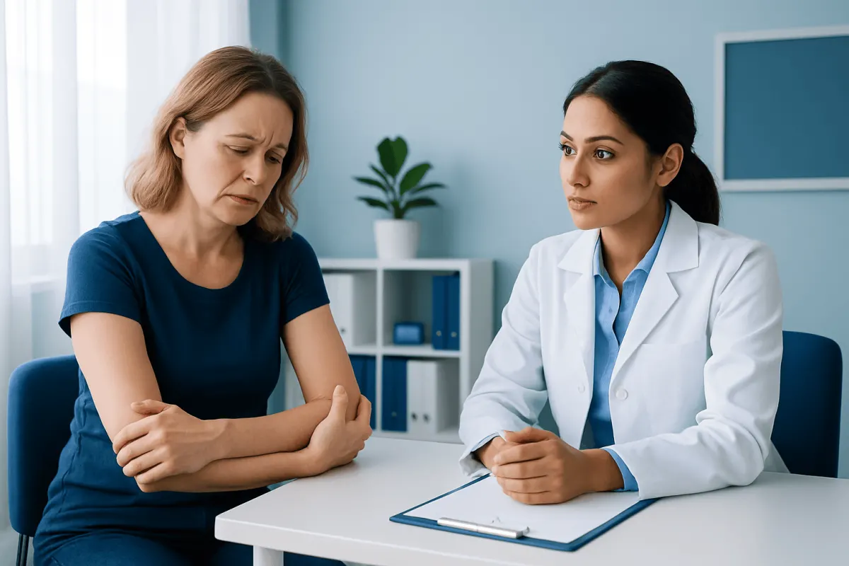 Patient consulting with doctor about elbow pain in a medical office.