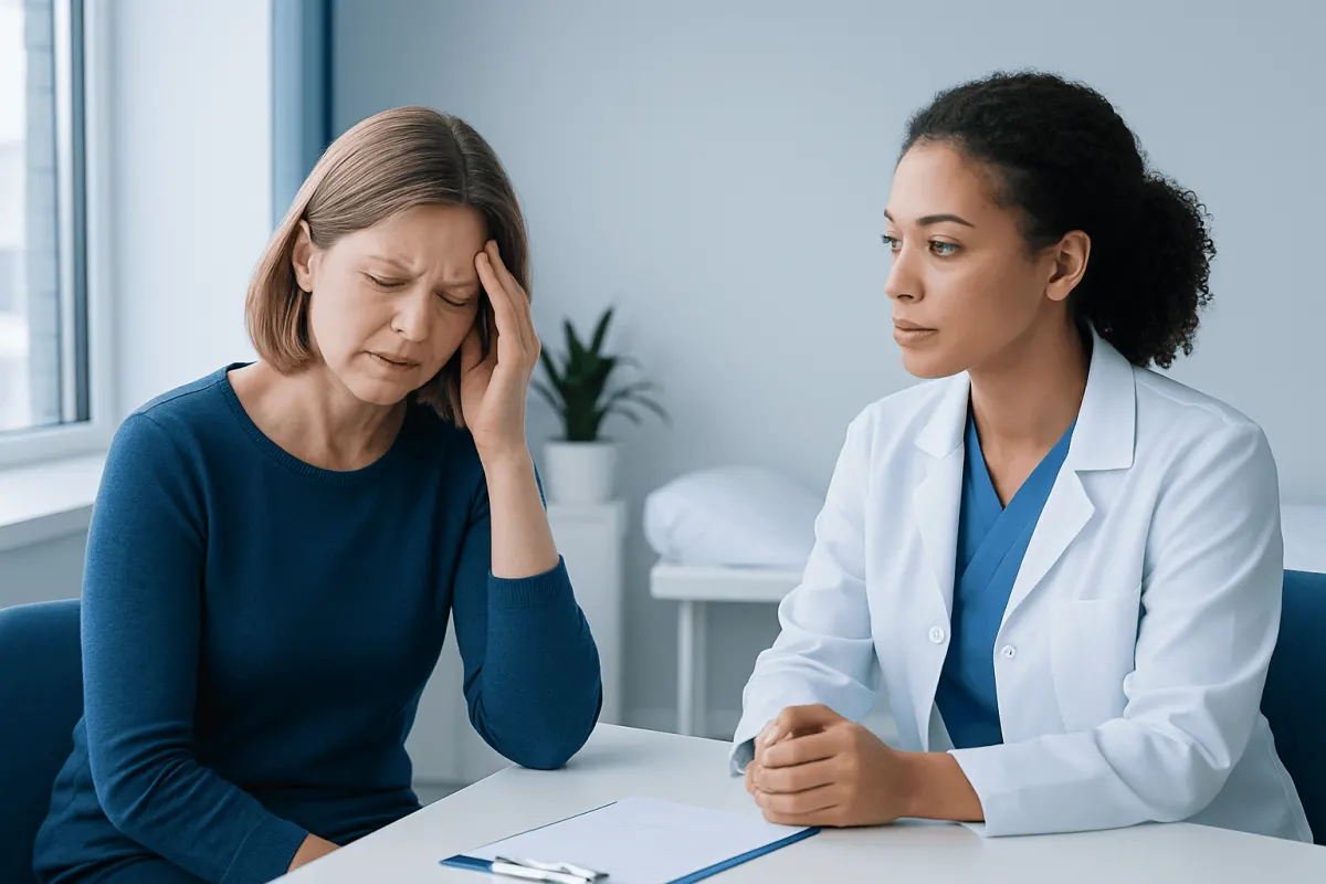 Woman experiencing headache during medical consultation at Acibadem Hospital.