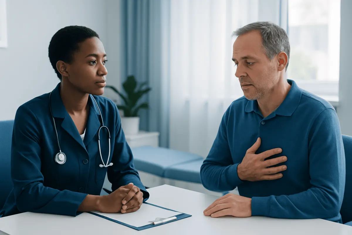 Doctor consulting with patient about breathing issues at night.