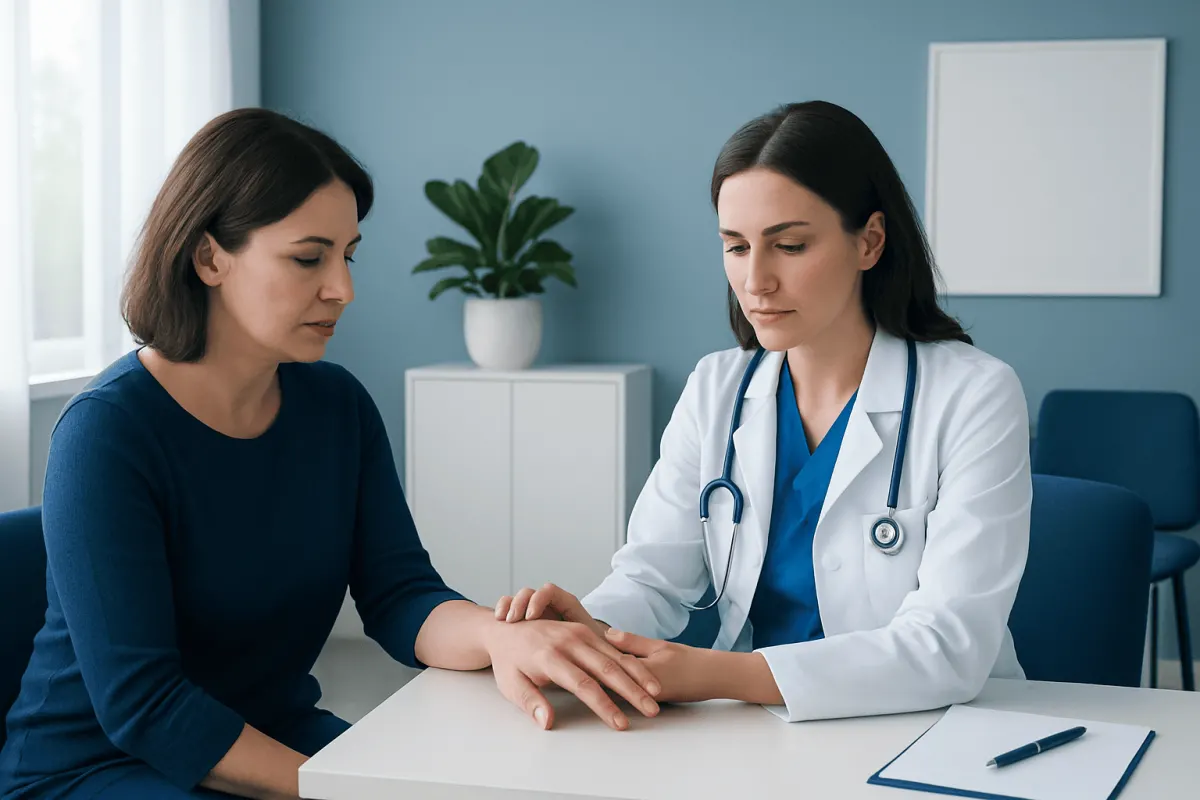 Doctor examining patient's hand for swelling in a medical consultation room.