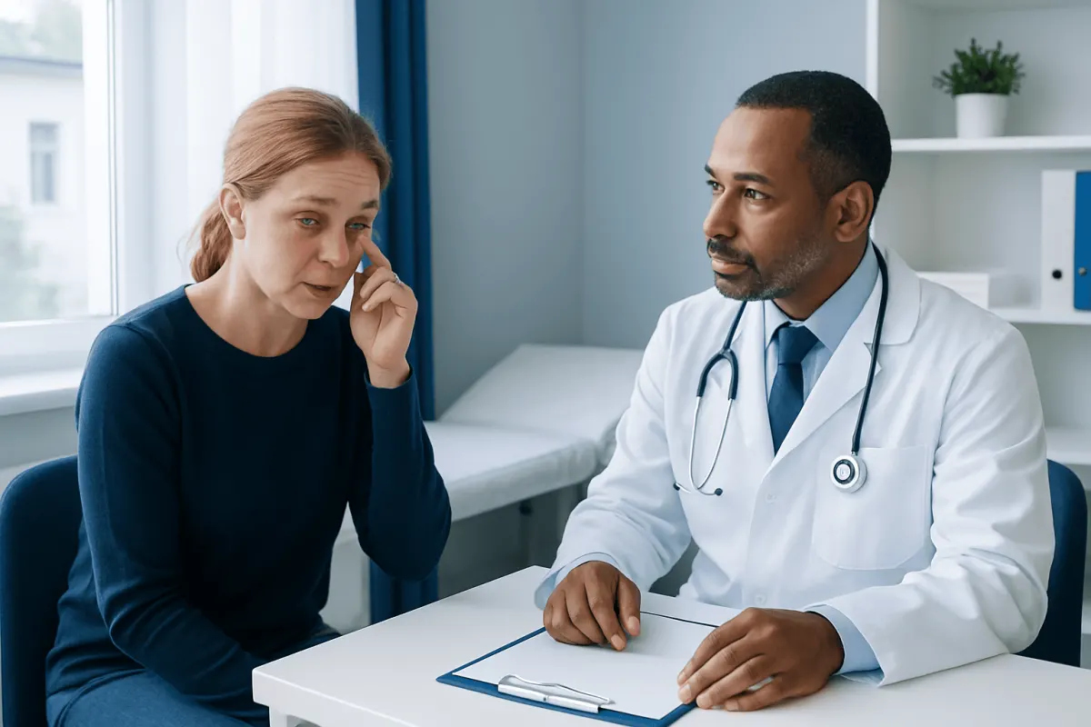 Doctor consulting with a woman about eye health issues in a clinic setting.