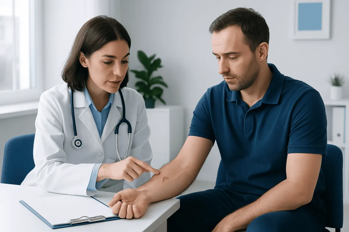 Doctor examining a patient's arm for capillary bleeding in a clinical setting.