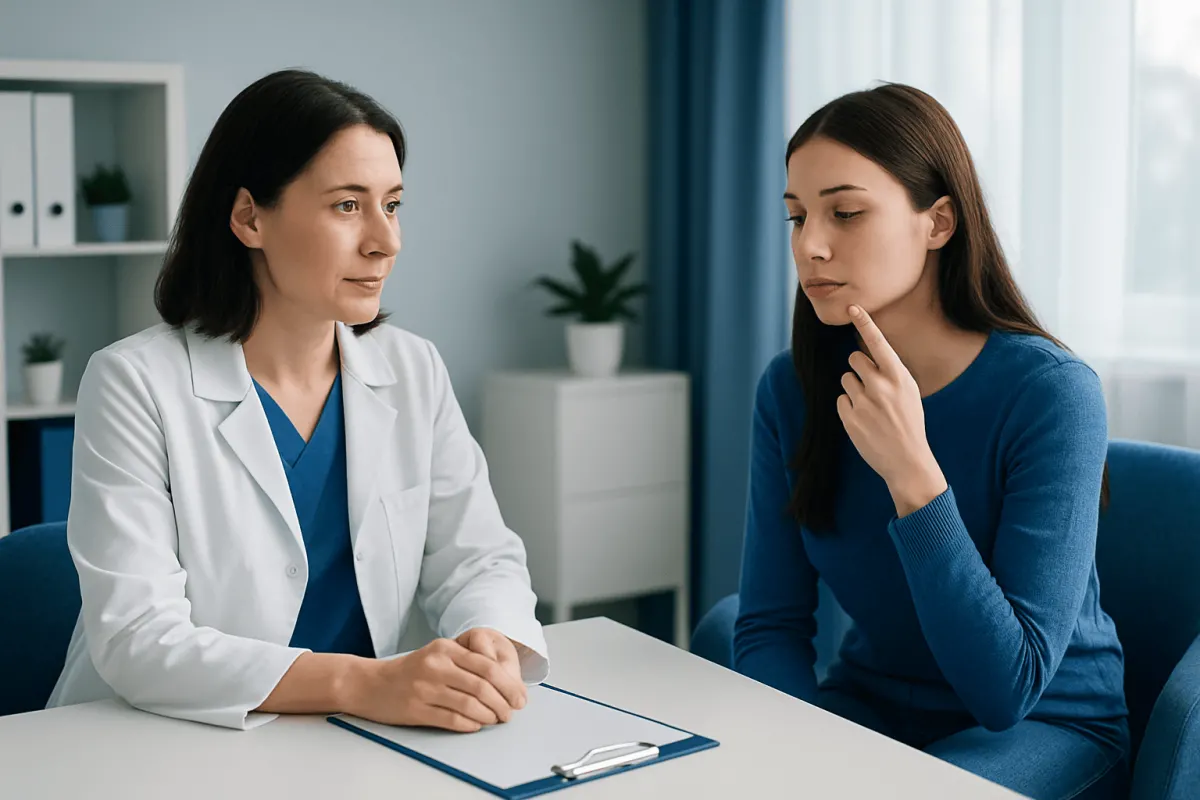 Doctor consulting with young woman about skin issue behind lip.