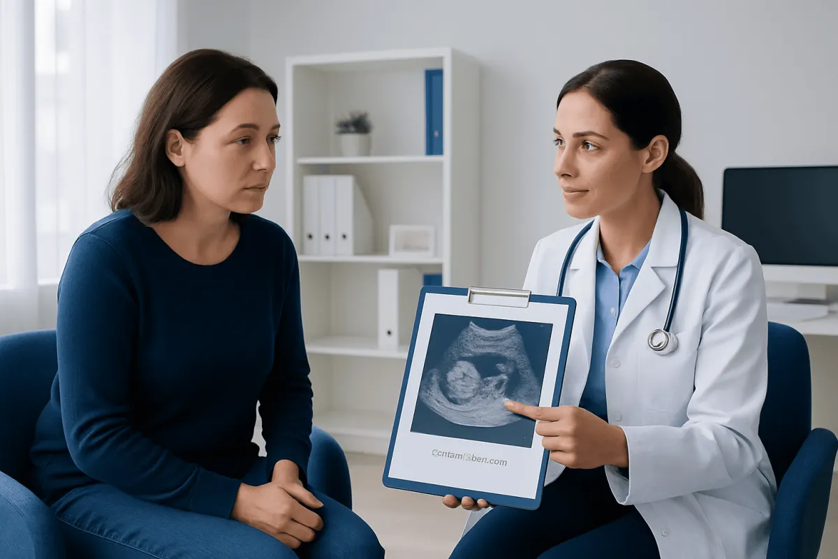 Doctor explaining ovarian ultrasound to patient in a medical consultation.