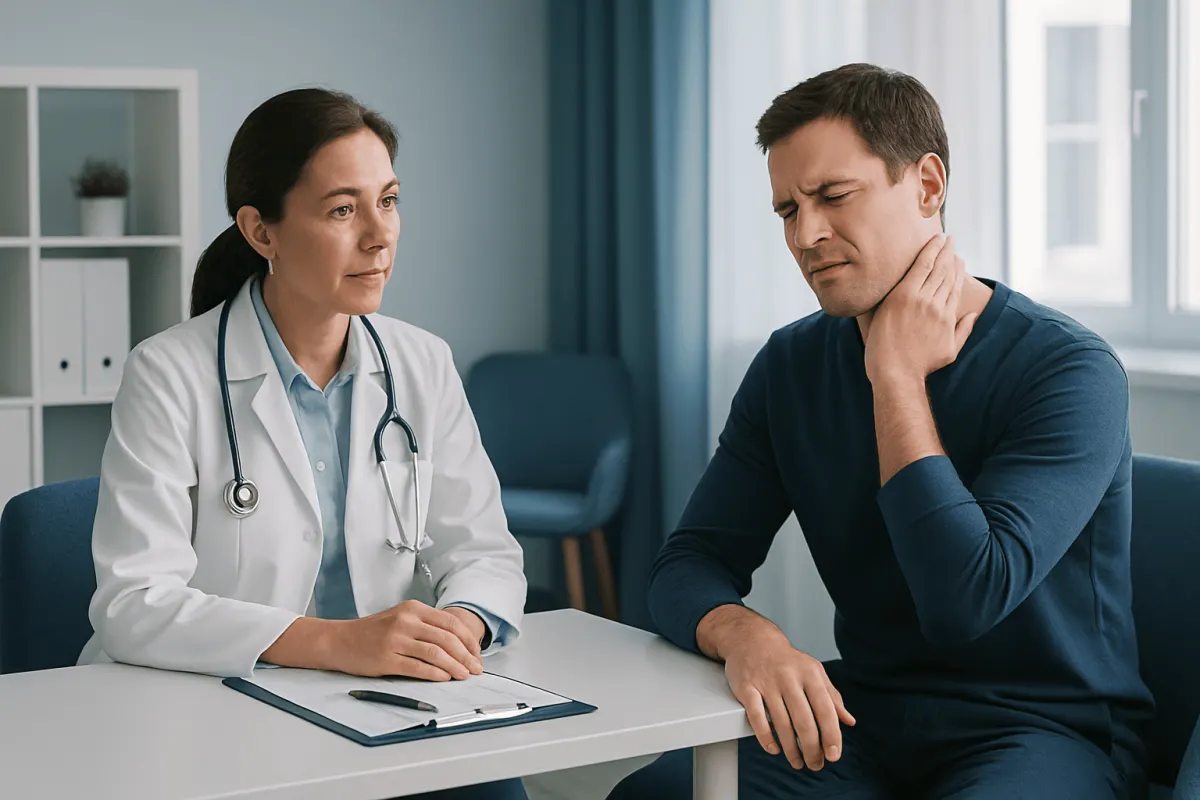 Doctor consulting with a patient experiencing neck pain and sore throat.