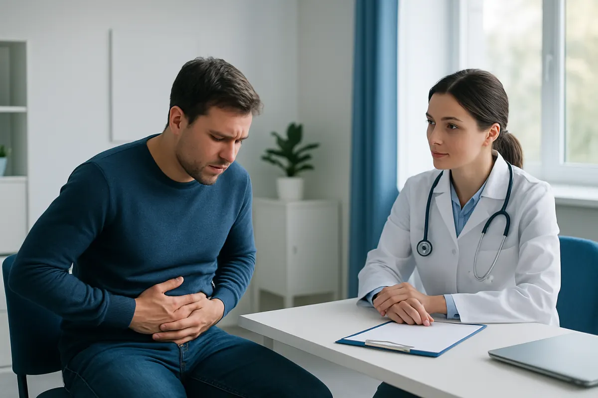 Doctor consulting with a patient experiencing stomach pain near the navel.