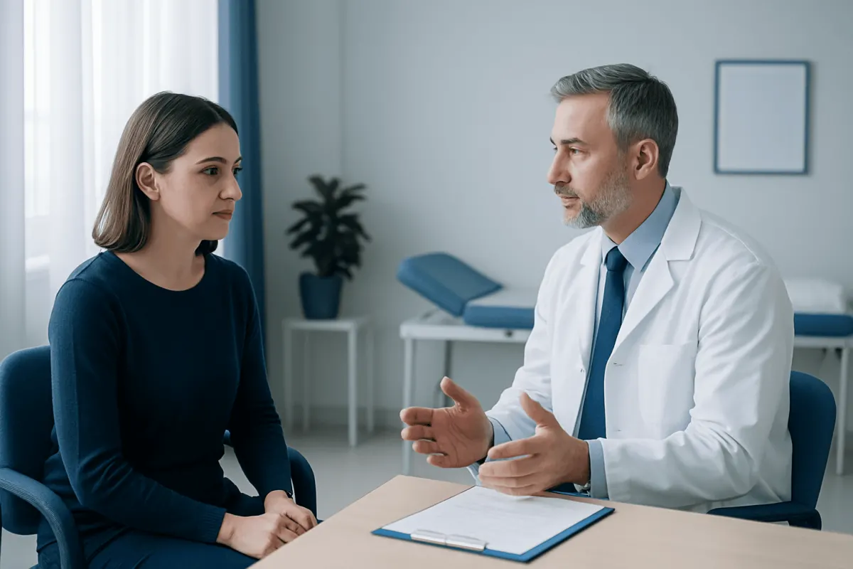 Doctor consulting with a female patient in a medical office.