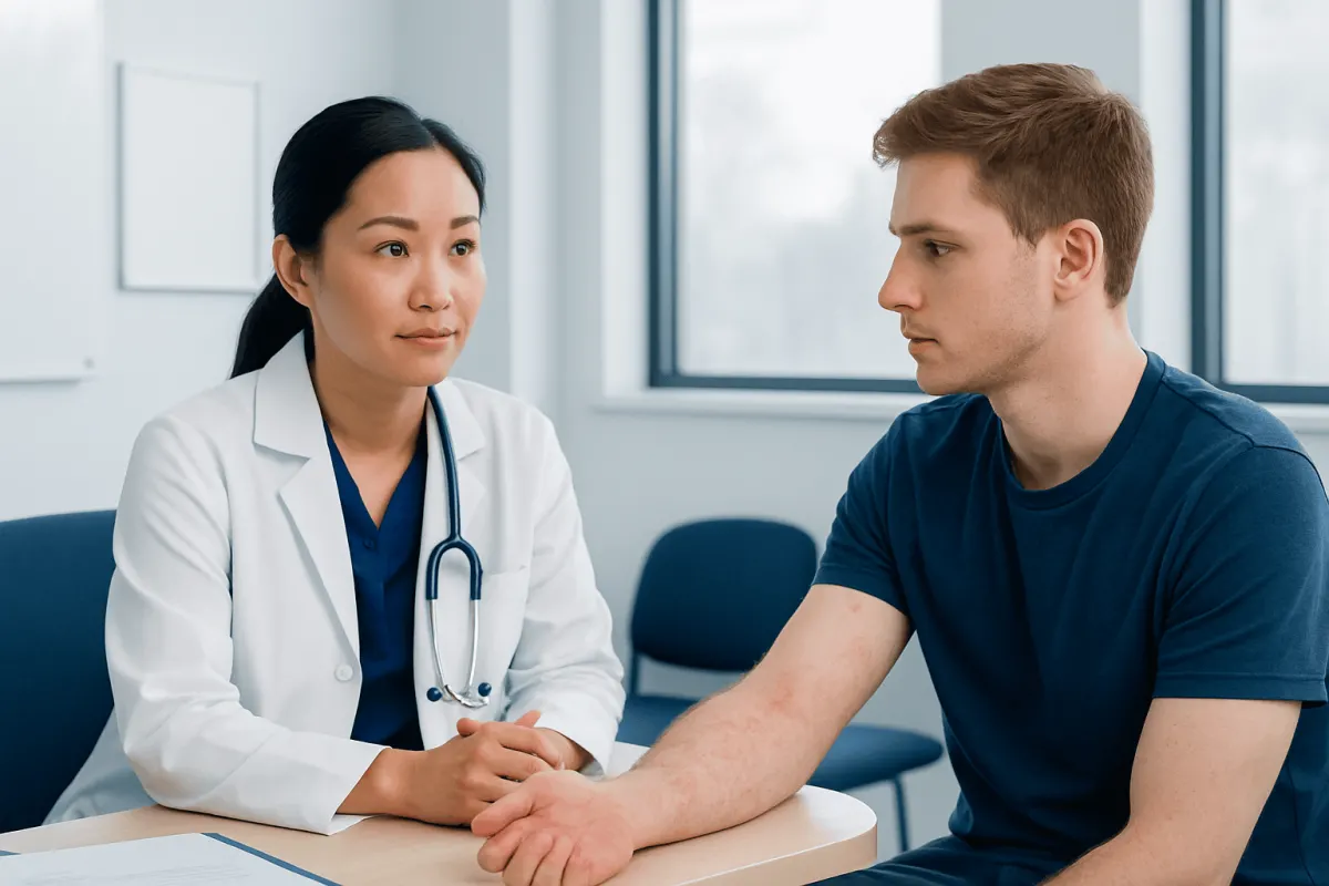 Doctor examining patient's arm in a medical consultation room.
