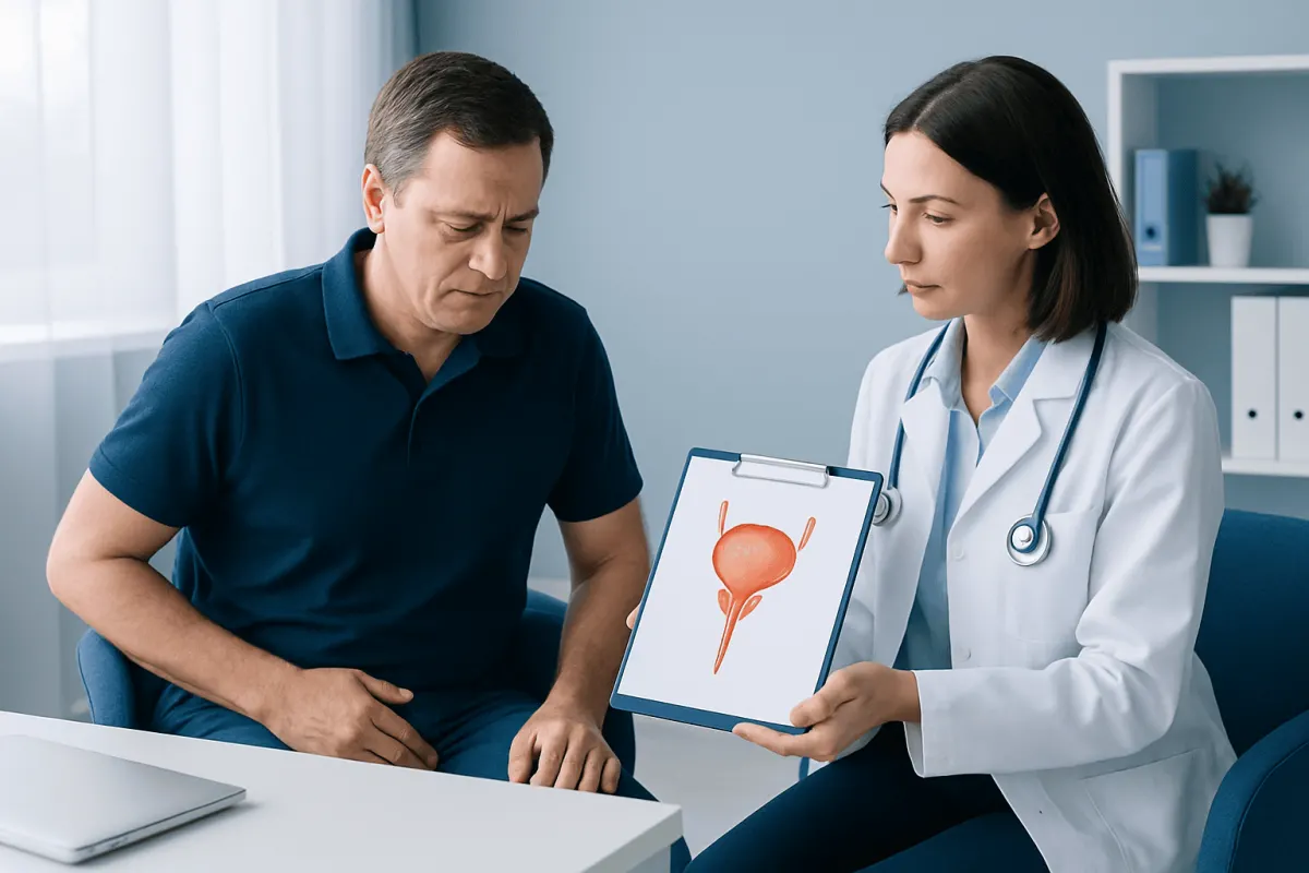 Urologist explaining bladder health to a patient in a medical consultation.