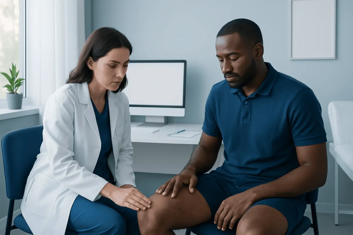 Doctor examining inner thigh of male patient in clinic setting.
