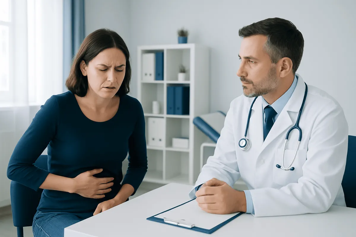 Doctor consulting a woman with stomach pain in a medical office.