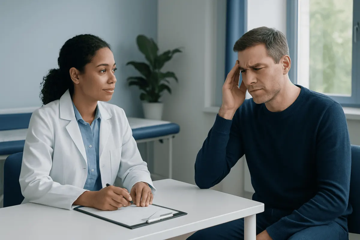 Doctor consulting with a patient about dizziness and ear issues.