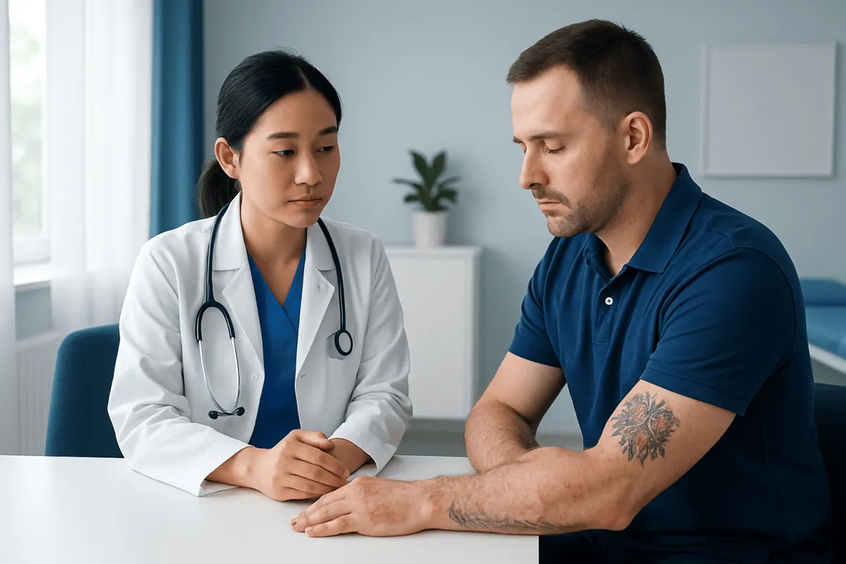 Doctor consulting patient with arm tattoo in a medical office.