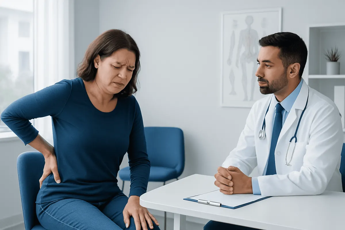 Doctor consulting with a woman experiencing back pain in a medical office.