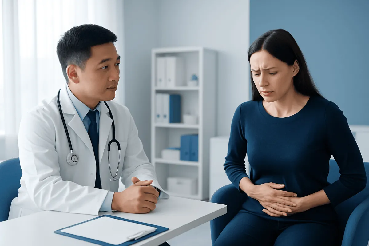 Doctor consulting with a woman patient experiencing abdominal discomfort.