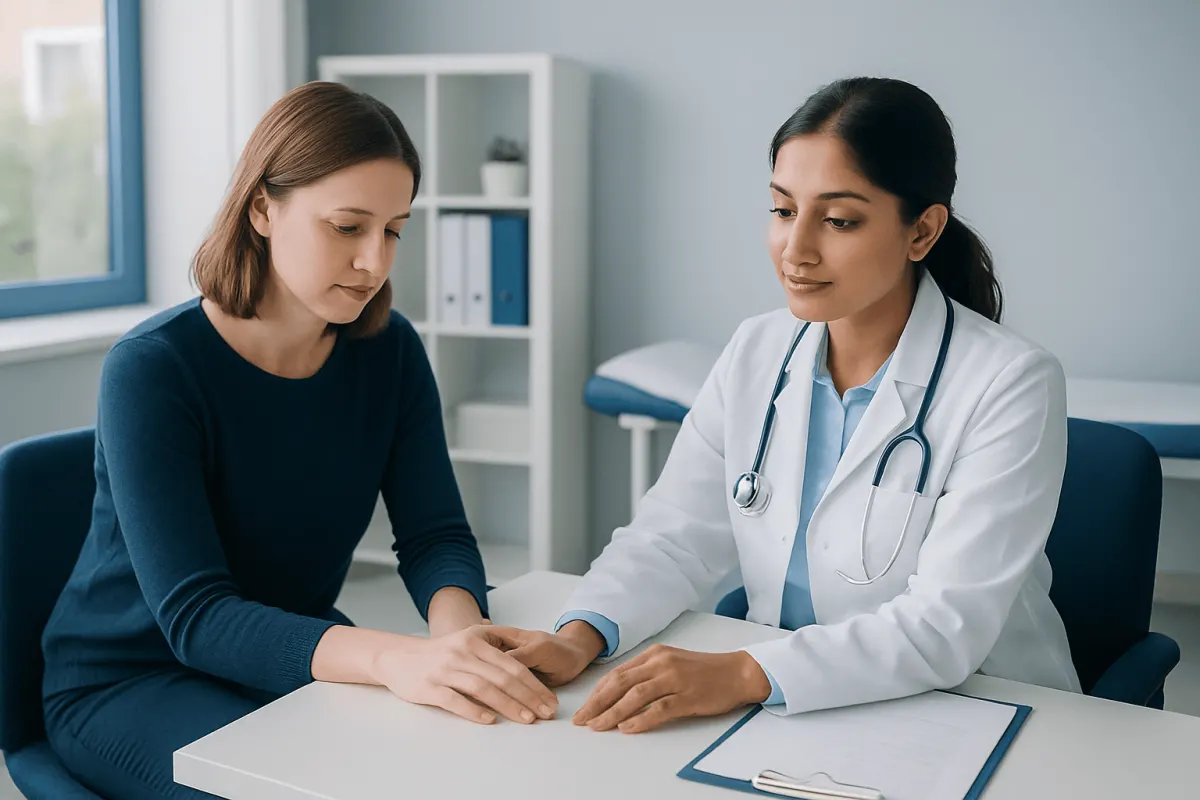Doctor consulting with a patient about nail health in a clinical setting.