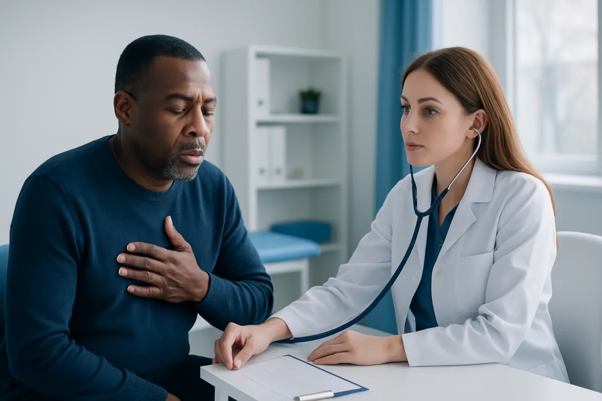 Doctor listening to patient's lung sounds with stethoscope in clinic.