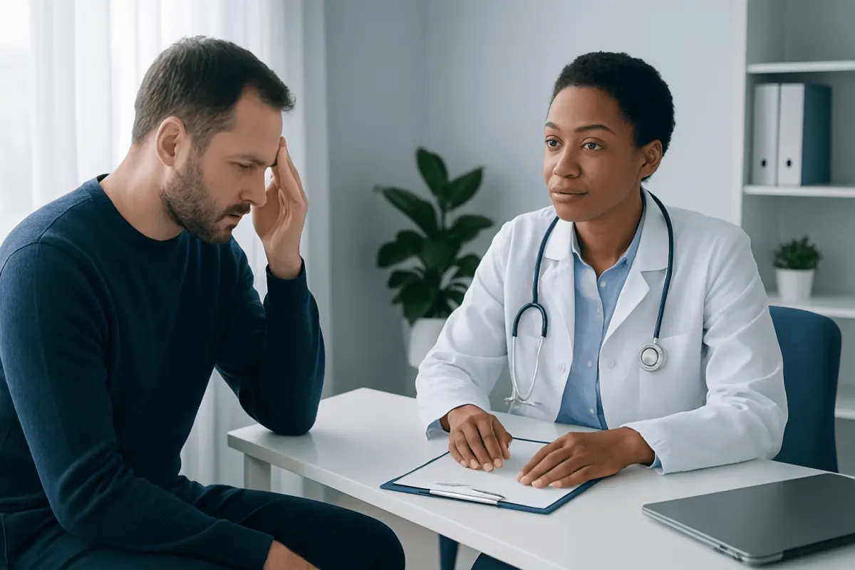 Patient consulting with doctor about health concerns in a medical office.