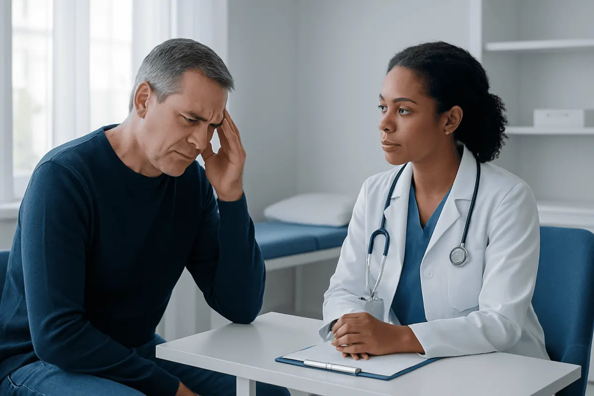 Doctor consulting with a patient experiencing vertigo symptoms.
