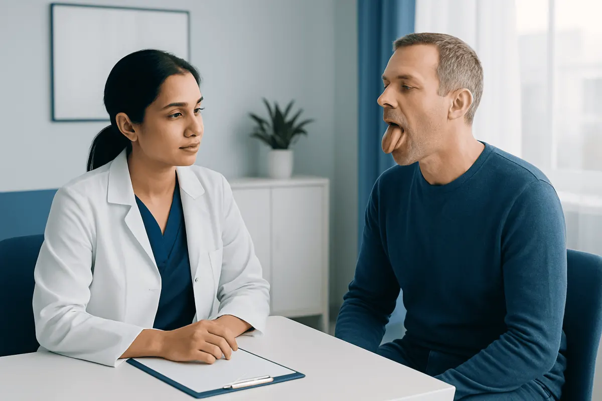 Doctor examines patient's tongue for health assessment.