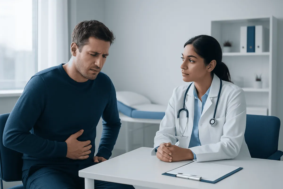 Patient consulting with doctor about digestive issues in a medical office.