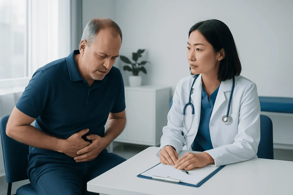 Doctor examining a patient with stomach pain in a clinic setting.