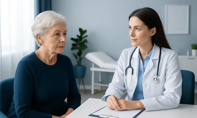 Doctor consulting with elderly woman about wrinkles and skin care.