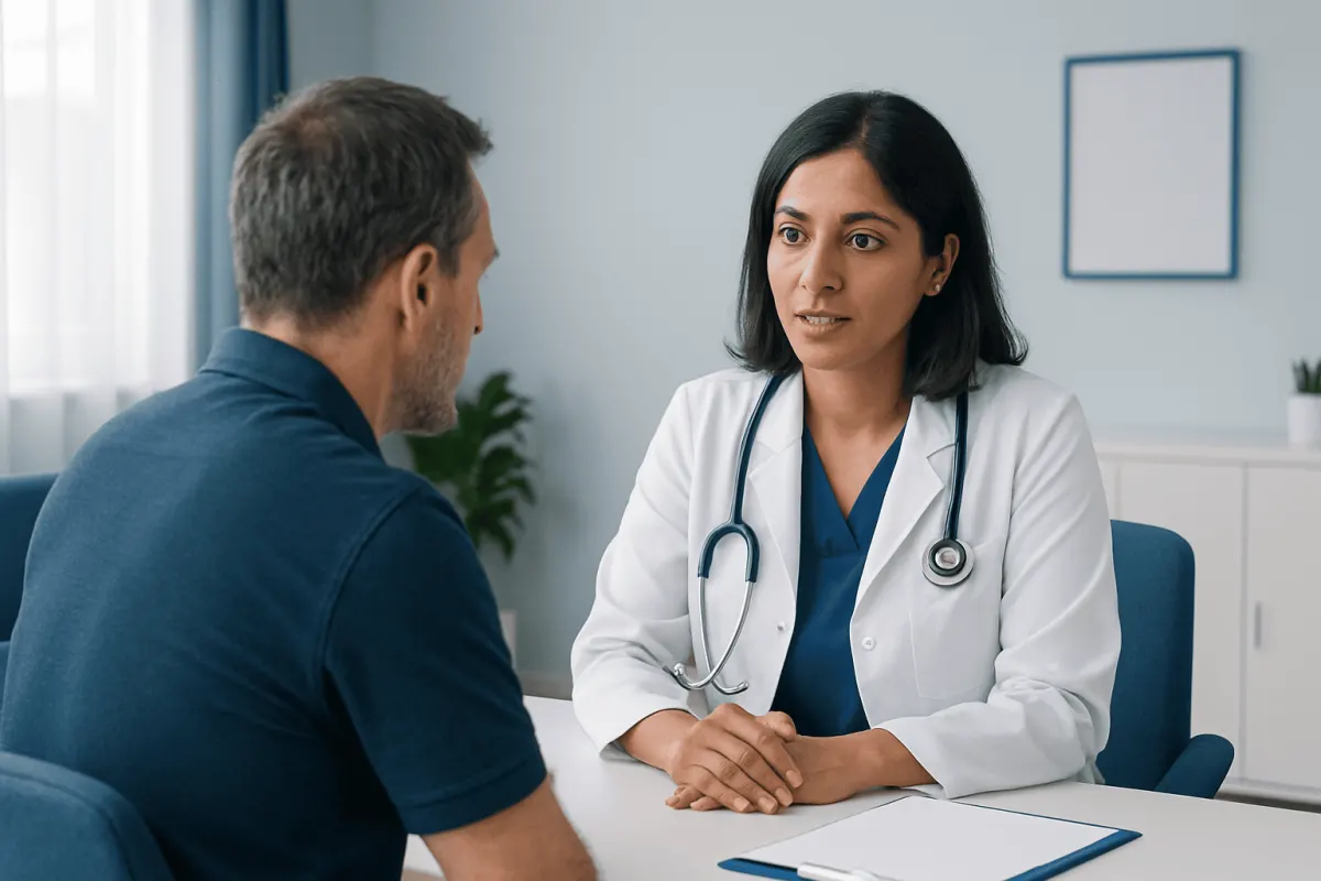 Doctor consulting with a patient about health concerns in a modern clinic.